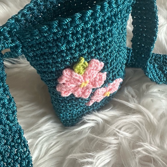 Hand Knits 2 Love Crochet Bag Teal Flowers Beads Designer Phone Cosmetic  Misc - Picture 5 of 6